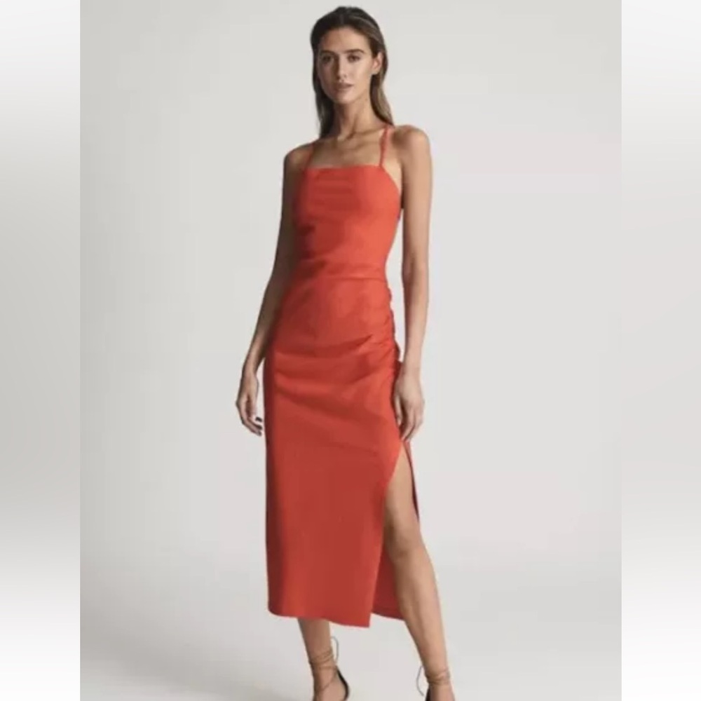NWT Reiss Lhalia Coral Stretch Linen Open Back Dress - 6